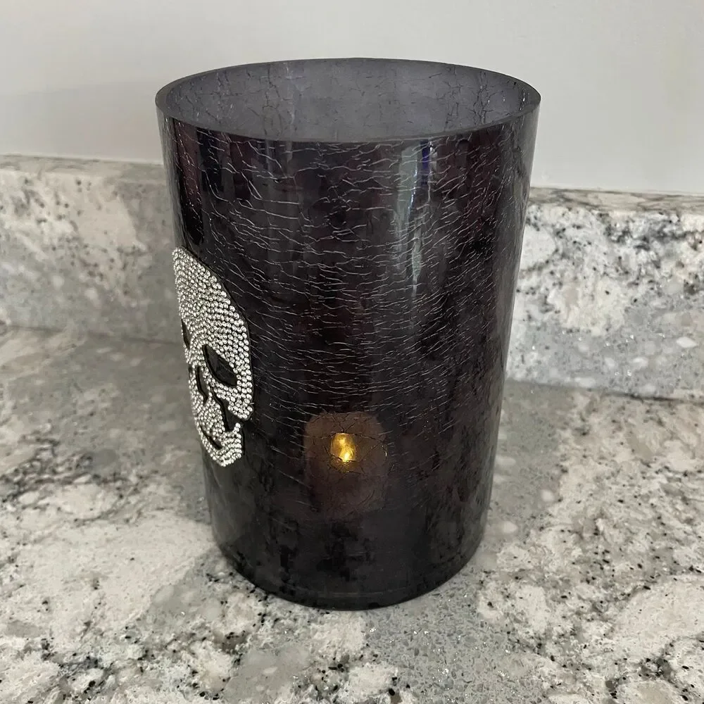 Yankee Candle Crackle Rhinestone Skull Halloween Glass Cylinder Candle Holder